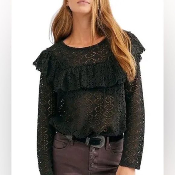 FREE PEOPLE FP Beach Feel The Love Black Crochet Long Sleeve Ruffle Top XS - Picture 1 of 4
